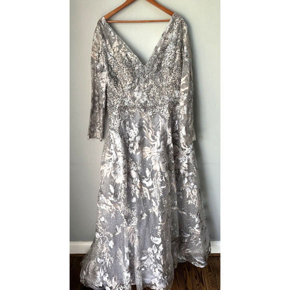 Mac Duggal 20214 Long Sleeve Bead Applique Gown Size 16 Grey Multi Floral NWT - Picture 3 of 16